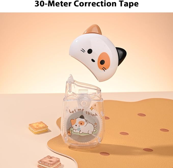 2Pcs Cute Cat White Correction Tape Kawaii Extra-Long Correction Tape – 98ft (30m) Each with Aesthetic Cute Cartoon Cat Applicator for Back To School Office Supplies