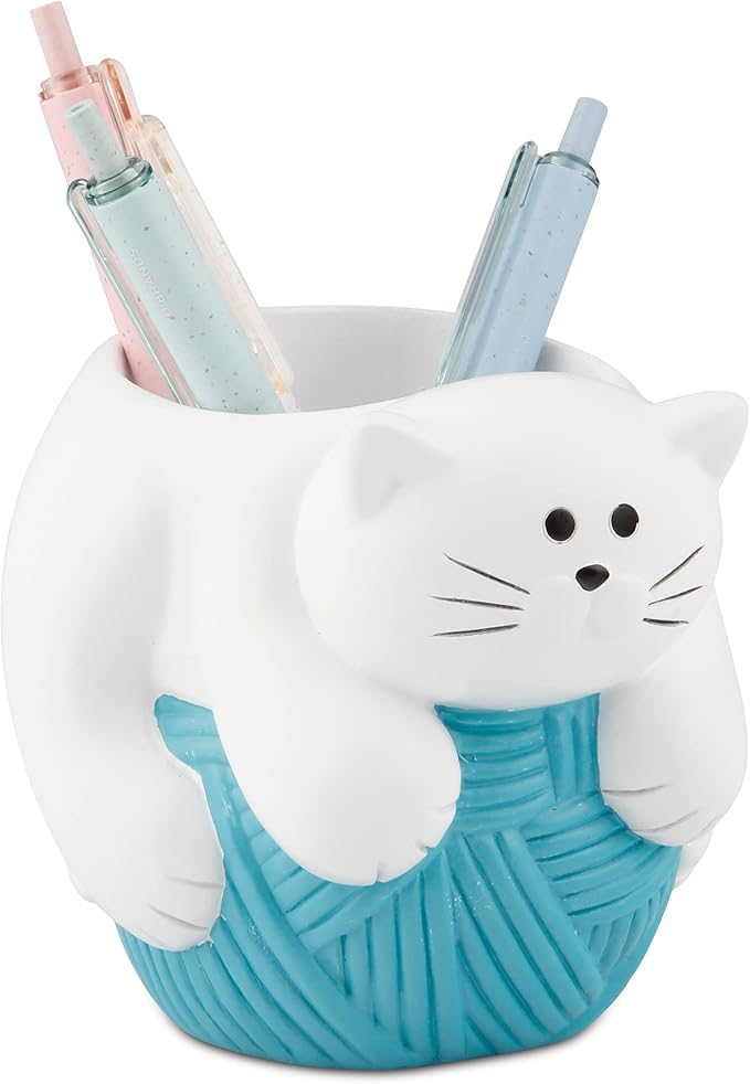 Chapman and Grand Relaxing Kitty Cat Pen Holder, White/Turquoise, Patented