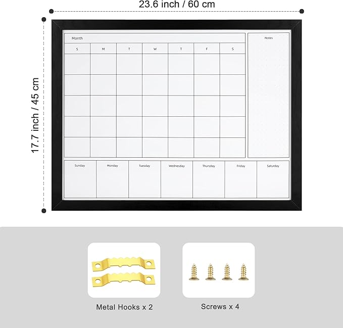 3-in-1 Dry Erase Calendar for Wall, 23.6x17.7 inches Magnetic Surface Monthly & Weekly Planner Whiteboard, Dry Erase Board with Black Wood Frame, Hanging White Board Calendar(YL+ZL-BK,4560)