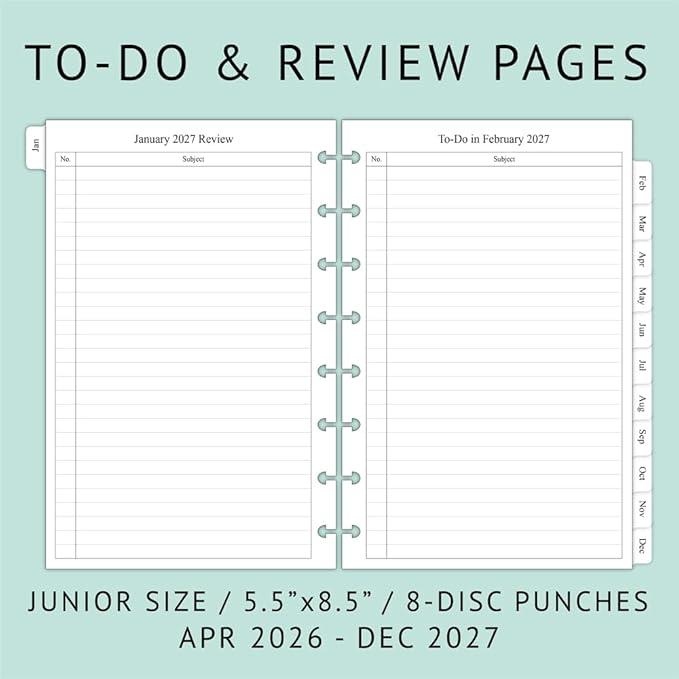 newestor 2026-2027 Monthly Planner Refill for 8-Discbound Notebook, Two Pages Per Month, Apr 2026 to Dec 2027, Junior Size 5-1/2"x8-1/2"