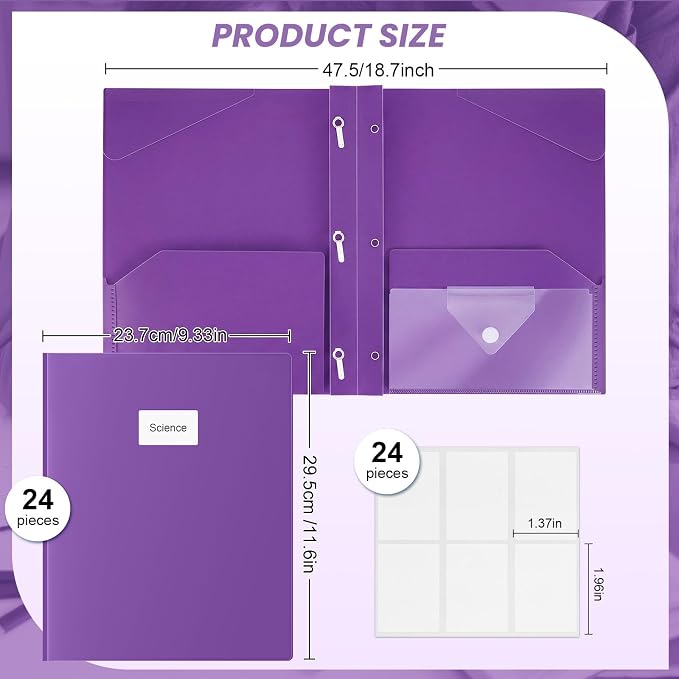 Kosiz 24 Pcs 2 Pocket Folders with Prongs, Paper Folders with 2 Pockets and 3 Prongs Fit Letter Size Paper, Back to School File Document Organizer for School Office Home Supplies (Purple)