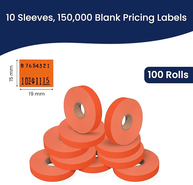 Perco Fluorescent Red Pricing Labels for Monarch 1115 Price Gun - 10 Sleeves, 150,000 Pricemarking Labels - with Bonus Ink Rolls