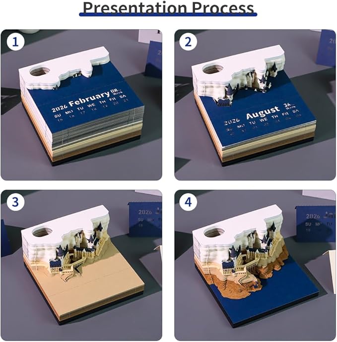 3D Calendar 2026 with Memo Pad Notepad, Timepiece 2026 Planner, Tear-Away 3D Artsy Pads, Creative Perpetual Organizer, Ideal New Year Gift for Office & Home (With Weekly Calendar & Light-Buttery Not Included)