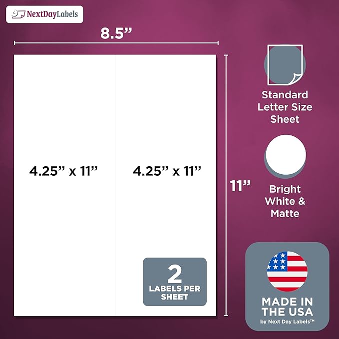 NextDayLabels 4.25x11 Inch Rectangle Stickers White Blank Labels for Laser Inkjet Printer - 2 Per Sheet Self-Adhesive Shipping Packaging Product Made in USA - 2000 Labels