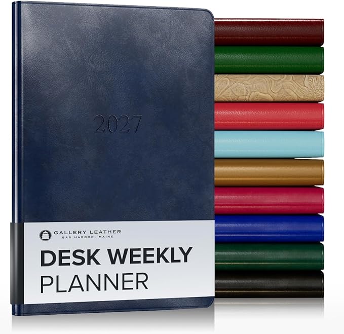 Gallery Leather Desk Weekly Monthly Planner 2027, Elegantly Bound Calendar Planner and Notebook with Stylish Gold-Gilded Page Edges, 12 Months - Acadia Navy - 8x5.5"
