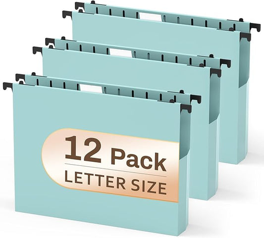 12 Pack Hanging File Folders, Blue Hanging File Folders, Plastic File Folder Hanging with Tabs, Filing Cabinet Folders Organizer Letter Size Paper Storage - Home Schoool Office Supplies