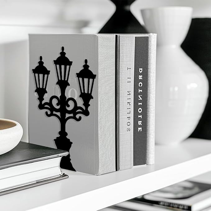 Peacoblue Metal Bookends for Shelves, Modern Decorative Heavy Duty Study Book Support Stoppers for Office, Desk, Shelf, Room 5.3"x4.3"x7.3" Cast Iron Simple Tall Bookends, 1 Pair (Street Lamp)