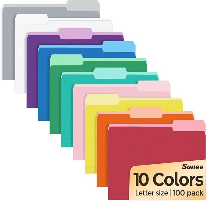 SUNEE File Folders Letter Size 10 Assorted Colors, 100 Pack Folders for Documents 1/3-Cut Tabs, Colored File Folders Office Home School for Documents Files Paper