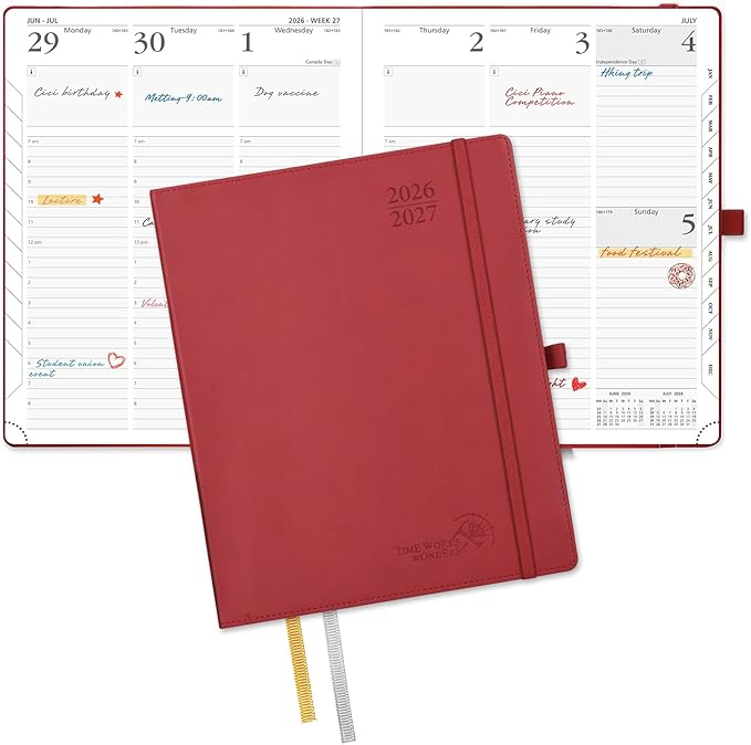 POPRUN Planner 2026-2027, Large-8.5" x 10.5", Academic Planner 2026-2027 Weekly and Monthly (July 26-June 27) Hourly Appointment Book with Inner Pockets, Leather Soft Cover, 100GSM - Burgundy
