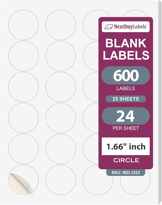NextDayLabels 1.66 Inch Round Circle Stickers White Blank Labels for Laser Inkjet Printer - 24 Per Sheet Self-Adhesive Candle Jar Product Made in USA - 600 Labels