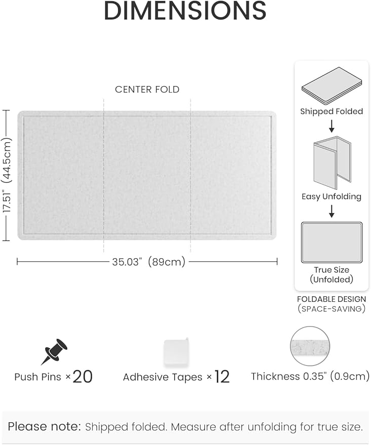 Fluxynara Bulletin Board, 35" x 17.5" Cork Board Alternative with 12 Safe Removable Adhesive Tabs, Foldable Felt Pin Board for Home Office, Classroom, Bedroom,Entryway for Walls— Light Gray