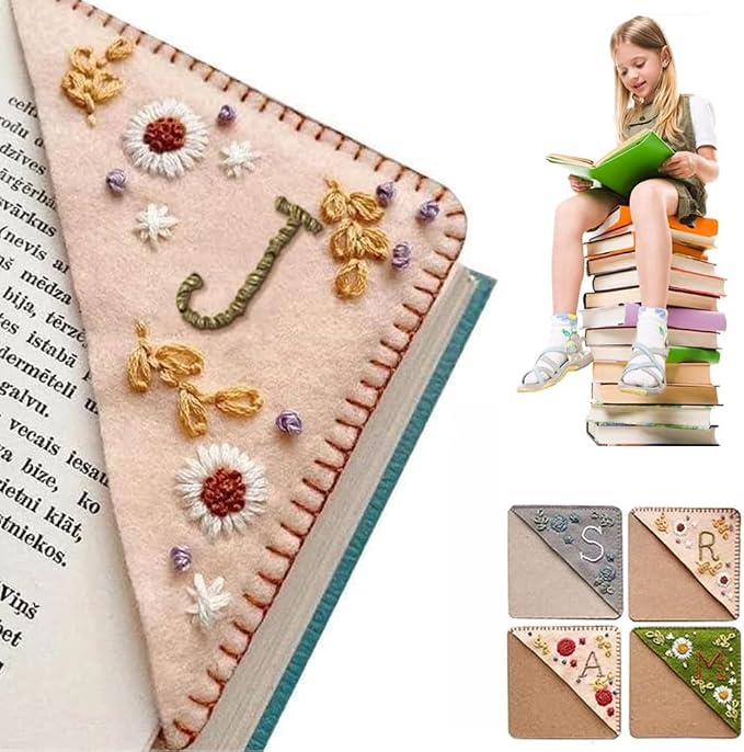 Personalized Hand Embroidered Corner Bookmark, 26 Letters Cute Flower Embroidered Corner Bookmark Embroidery Book Marker Clip for Book Lovers Bookmarks for Reading Lovers Meaningful GIF (Spring, J)