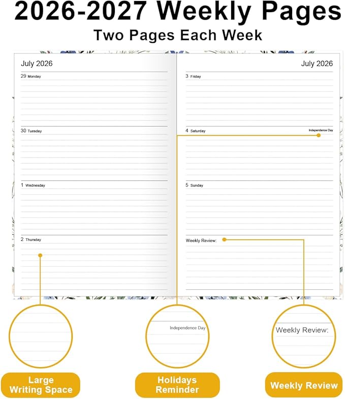 Planner 2026-2027 - 5.8" × 8.3" Weekly & Monthly Planner from July 2026 to June 2027, Large Planners 2026-2027 with Perfect Organizer, Hardcover, Inner Pocket, Crushed Flower