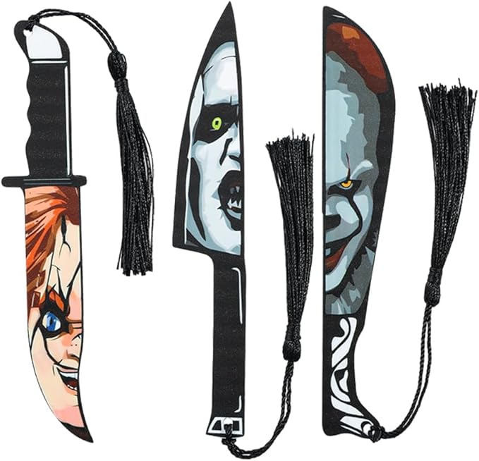 3Pcs Horror Movie Series Bookmarks, Featured Characters Halloween Themed Dagger Acrylic Bookmarks for Book Fans, Writers, Scholars, Bookworms, Friends (3Pcs Joker the Knife)