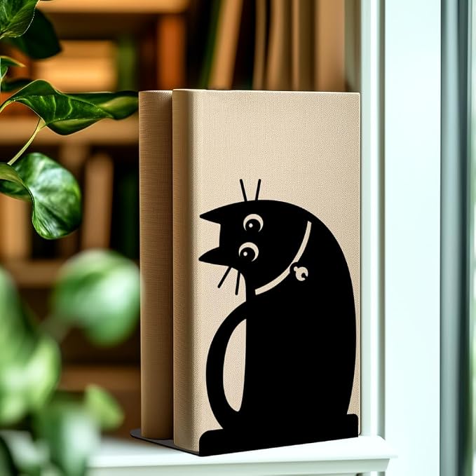 Cute Office Decor Metal Bookends for Shelves, Adorable Black Cat Decor Book Ends Decorative for Home and Office Desk Bookshelf Decor Cat Lover Gifts for Women & Book Enthusiasts