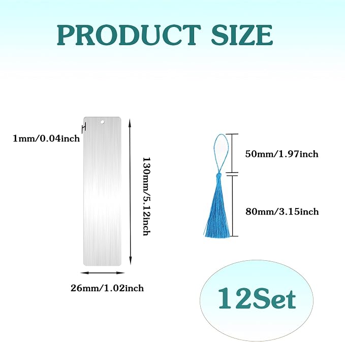 12 Pcs Metal Blank Bookmark Craft Tag 5.12 Inch Metal Craft Bookmark Sublimation Bookmark with Tassel for Reading Office Supplies and Present Tags