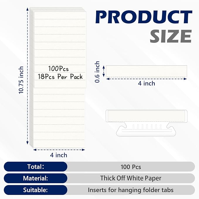 100 Pcs Hanging File Folder Paper Inserts 4 inch Off White Blank File Tab Inserts Thick Cardstock for Hanging Folder (4×0.6 inch)（No Tabs）