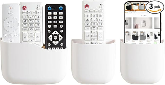 Remote Holder Wall Mount TV FAN Remote Control Holder Bedside Caddy Wall Organizer Phone Holder for Office Adhesive Media Player Controller Holder Box Tray Home Desk Nightstand 1 BIG 2 SMALL WHITE