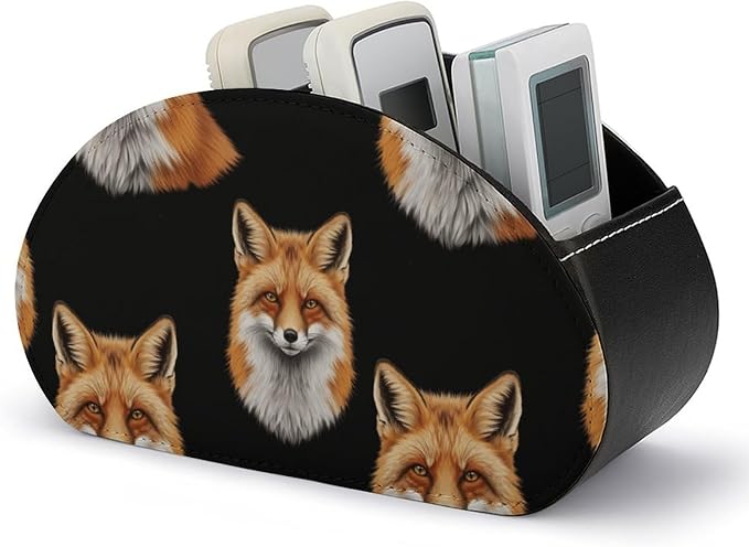 Desktop Remote Control Holder, 5-Compartment PU Leather Organizer for TV, DVD, and Bedside Table Storage, Animal Fox Art