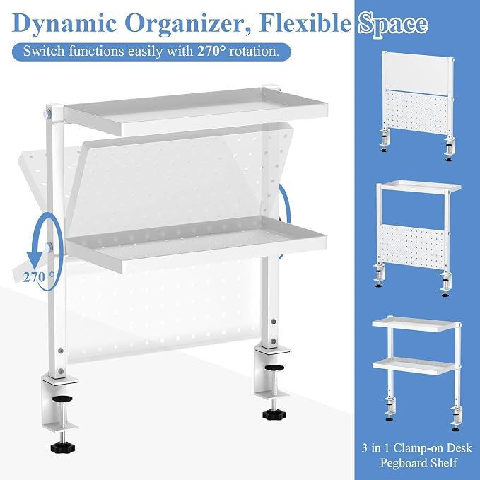 Jumyee 2-Tier Side/Top Clamp On Desk Shelf With Magnetic Pegaboard(White) | Flip Pegboard Tray & Magnetic Accessories, No-Drill White Desk Shelf with 6 Hooks for Home Office Gaming Accessories