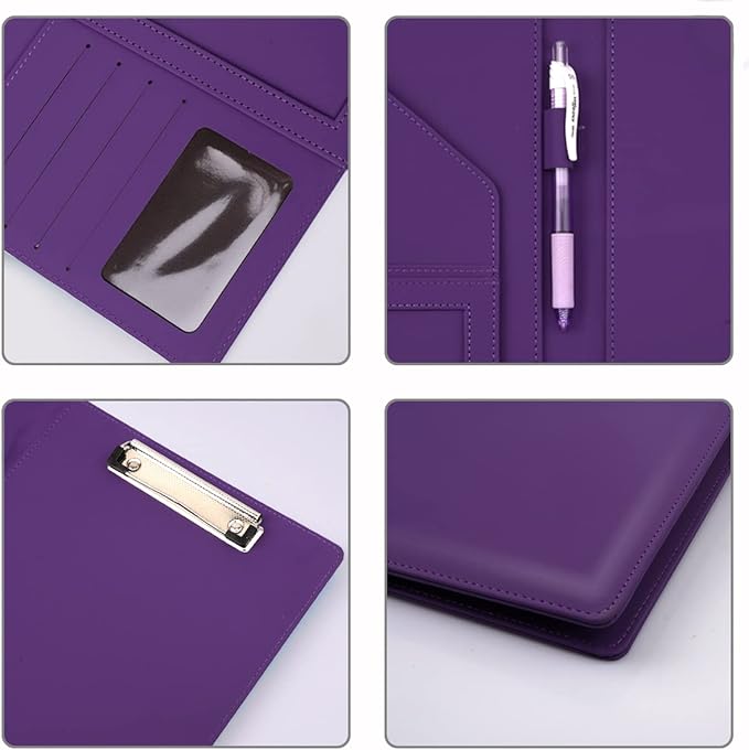 WAVEYU Resume Portfolio Folder, Padfolio Clipboard, Writing Portfolio Leather Clipboard with Cover for Legal Pad Holder Letter Size A4 for Business Conference Notepad Clip Boards, Purple