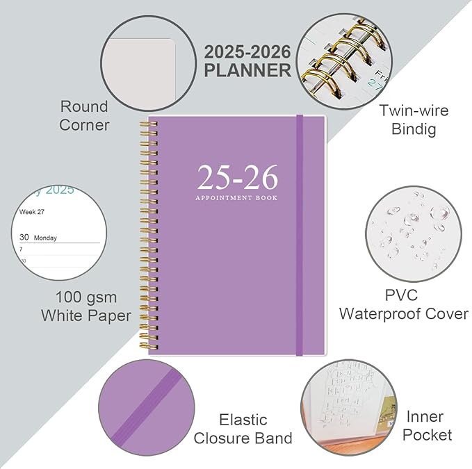 2025-2026 Appointment Book & Planner - 2025-2026 Daily Hourly Planner from July 2025 - June 2026, Weekly Appointment Book with 30-Minute Interval, Medium 6.4" x 8.5", Purple
