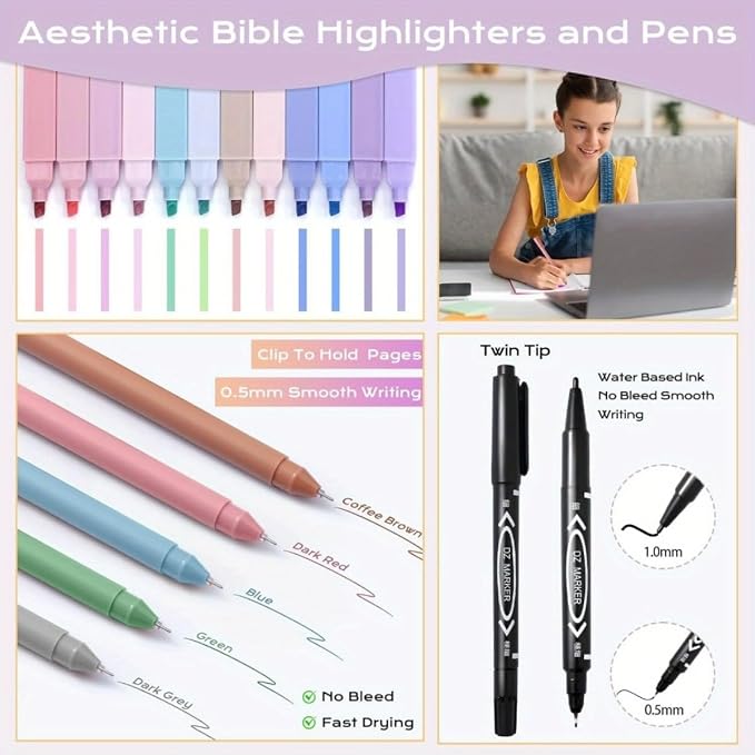 Bible Cover Set with Handle, Large Quilted Bible Bag for Women Girls, Bible Study Supplies Kit with Tabs, Pens, Sticky Notes, Study Planner & Scripture Cards, Christian Gifts for Devotional Journaling