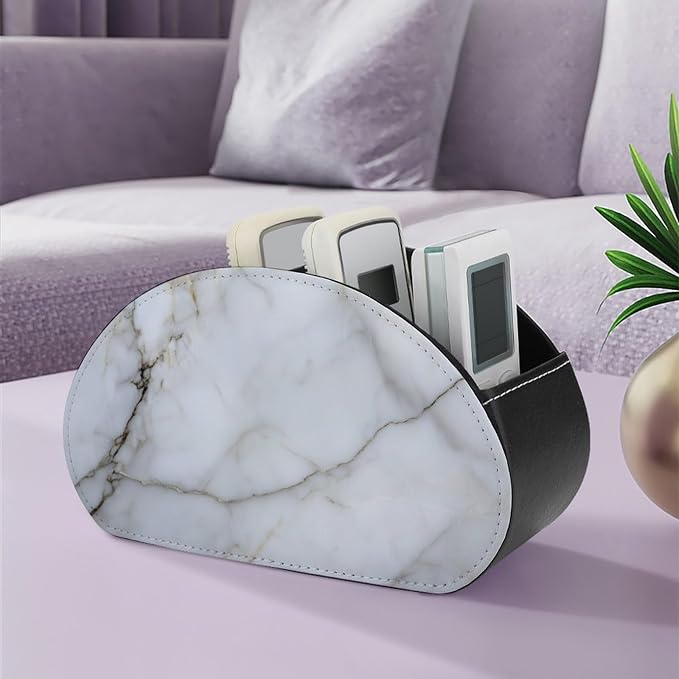 White Marble Texture with Gray Veining Remote Control Holder with 5 Compartments Leather TV Remote Caddy Remote Storage Box Desktop Organizer for Pen/TV Remotes/Media Controllers/Office Supplies