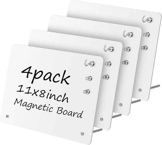 Magnetic Metal Display Bulletin Board, White, 4 Pack, 11x8 Inch | Horizontal Orientation, Includes 12 Magnets, For Memos Messages Photos, For Home School Kitchen Office