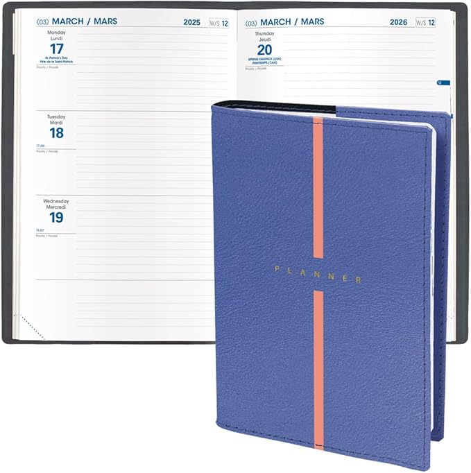 Quo Vadis 2026 Hebdo - Bi-Lingual (EN/FR) - Weekly/Monthly Planner - 12 Months, Jan. to Dec. - 6 1/4 x 9 3/8" - Smooth Faux Leather Billy Blue Covers - Productivity Time Management Organizer