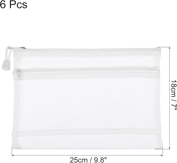 MECCANIXITY Mesh Zipper Bags, A5 Nylon Double Layer Zip File Pouch Storage Organizer Pockets for Travel Office Accessories, White Pack of 6