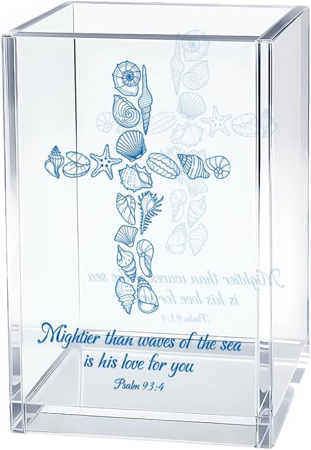 Mightier Than Waves Of The Sea Is His Love For You Pen Holder Makeup Organizer, Fun Seashells Christian Pencil Pen Holder for Desk, Bible Verse Pencil Cup, Religious Baptism Gifts for Women Men