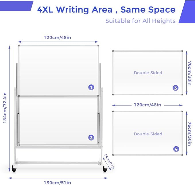 MAKELLO Rolling Whiteboard 60"x48", Large Magnetic Mobile White Board on Wheels, Double-Sided Dry Erase Board for Home Office School, Height Adjustable, 5'x4'