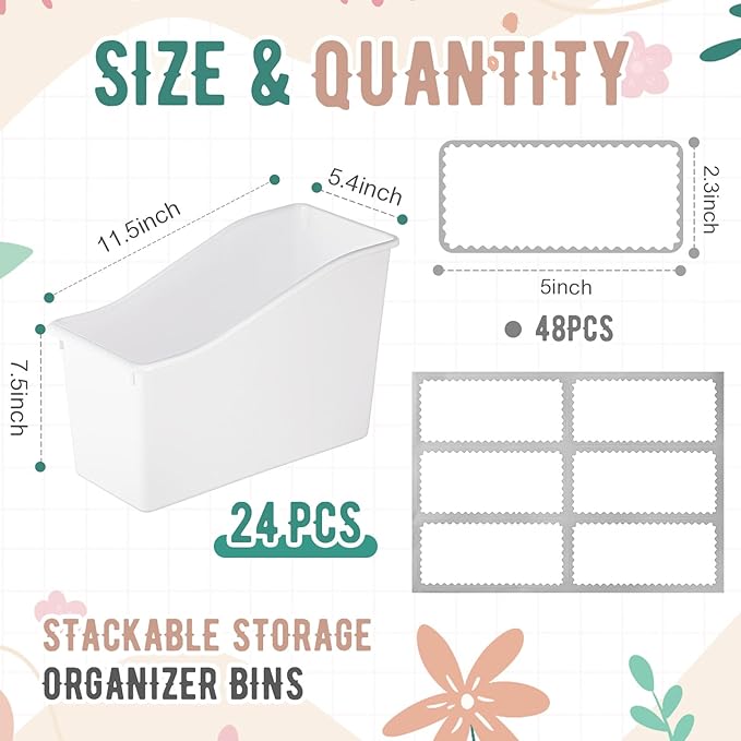 Geetery 24 Pcs Book Bin for Classroom with Labels Stackable Plastic Organizing Bins 11.5 x 5.4 x 7.5 in Book Holders Storage Bins Box Baskets for Classroom Library Home (White)