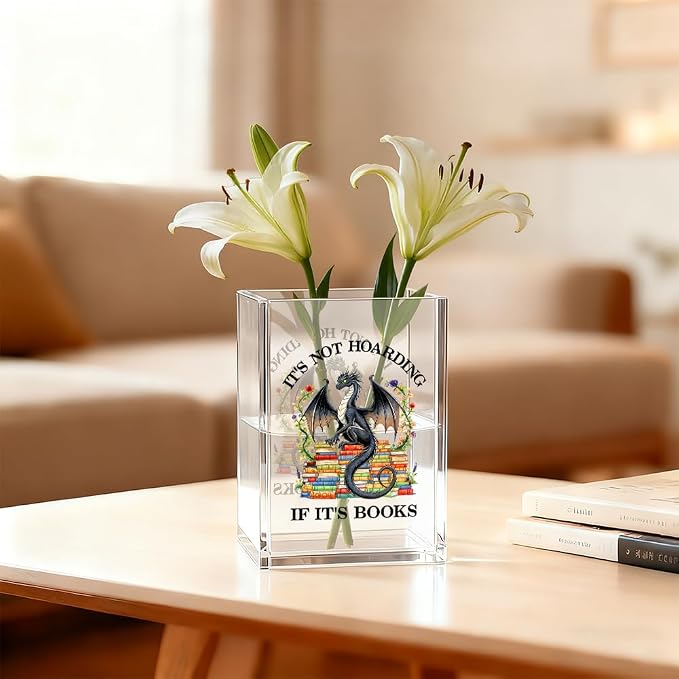 It's Not Hoarding If It's Books Acrylic Pen Holder Cosmetic Organizer, Retro Dragon Book Pen Pencil Holders for Desk, Bookmark Holder for Bookshelf, Bookish Gifts for Librarian Reader Teacher
