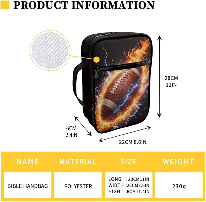 Coldinair Football Fire Lightenting Bible Cover Case for Kids Boys,Carrying Book Cover Bible Holders with Handle and Zippered Pocket,Fits for Standard/Large Size Bible