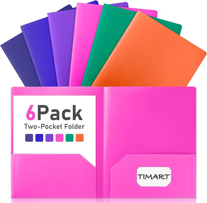 Timart Folders with Pockets-6 Pack, 2 Pocket Folders Fit Letter Size Paper, Plastic Colored folders for Documents, School Office Home Bussiness