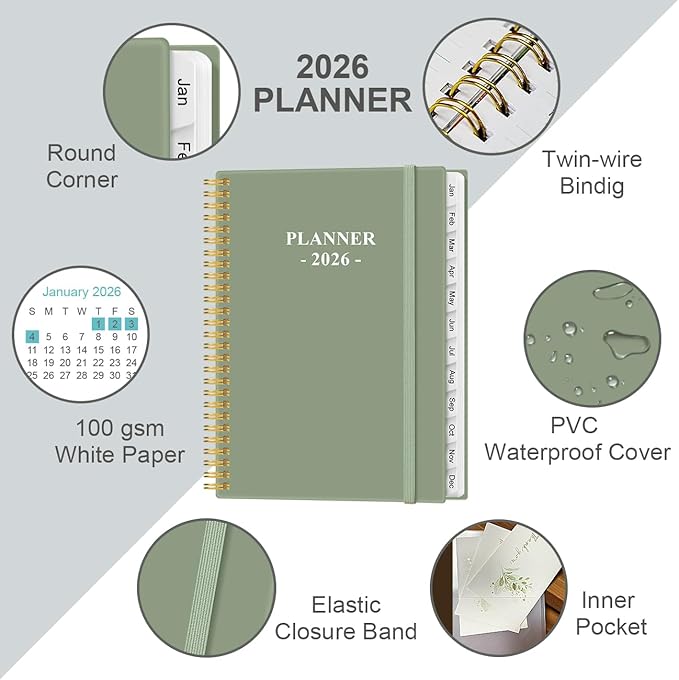 2026 Planner - 8.5" x 11" Weekly Monthly Planner from January 2026 to December 2026 with 12 Monthly Tabs, Inner Pocket, Elastic Closure, Green