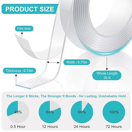 P7yaumy Double Sided Tape Heavy Duty 0.75in×20ft, Nano Tape Double Sided, Removable Traceless Two Sided Adhesive Tape, Clear Mounting Tape Double Sided Tape for Walls, Hanging Picture,Poster,Carpet