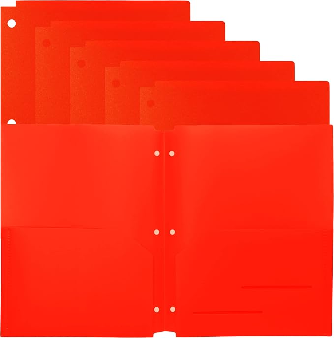 Youngever 6 Pack Heavy Duty Plastic Two Pocket Folders, Binder Dividers with Pocket, Letter Size, Red