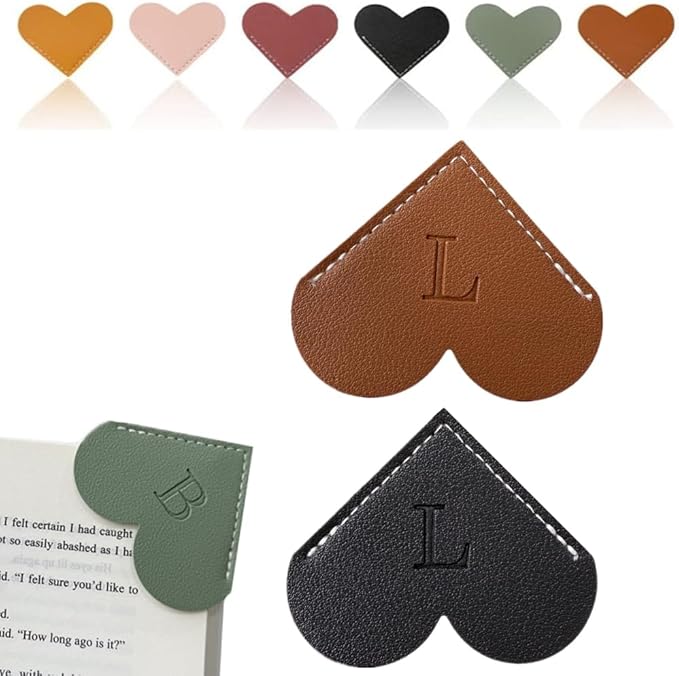 Personalized Leather Heart Bookmark, 26 Letters Customized Corner Book Mark for Reading Women, Book Marker with Initials，Cute Gifts (Black+Dark Brown, L)