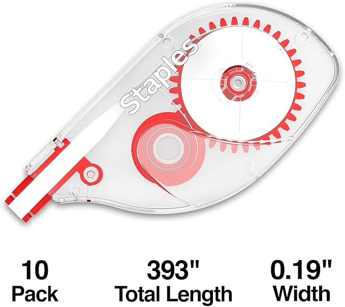 STAPLES Correction Tape, Easy Sidewinder Applicator for Instant Corrections, 10-Pack, White