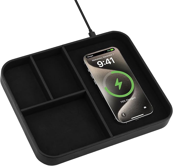 VOVIPO Birthday Gifts Bedside Organiser-Faux Leather Valet Tray With Wireless Charger For Phone And Earbuds,Nightstand Organizer,Mens Jewelry Box,Office Desk Organizers