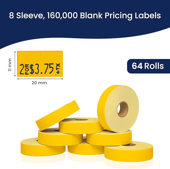 Yellow Pricing Labels for Monarch 1131 Price Gun – 8 Sleeves, 64 Rolls Value Pack - 160,000 Price Marking Labels – with Ink Rolls Included