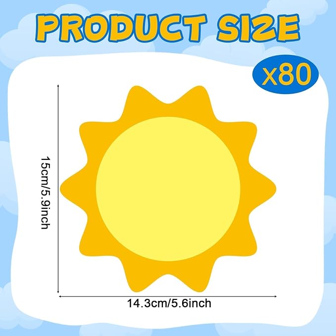 gisgfim 80Pcs Summer Sun Cutouts Sunshine Decorations Bulletin Board Yellow Sun Paper Cut-Outs Classroom Decor for Boy Girl DIY Craft Photo Wall Door Summer Kindergarten Preschool Party Favor Supply