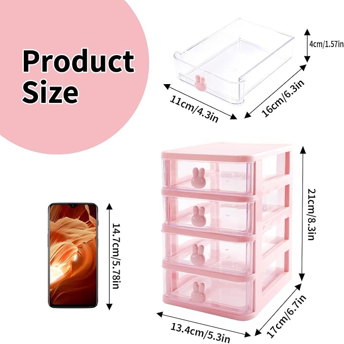 CEYAZYE Small Desk Organizer with Drawer, Stackable Makeup Organizer White, Mini Plastic Storage Box for Desktop, Bathroom Counter or Dresser, School, Home, Office(Pink-4 Tier)