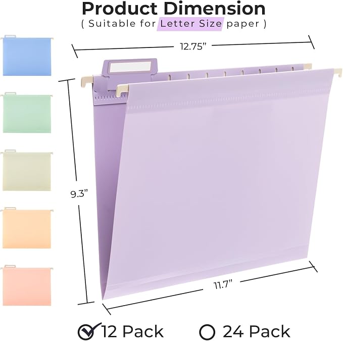 Y YOMA Plastic Hanging File Folders, Letter Size, 1” Expansion, 12 Pack Reinforced Hanging Folders with Tabs Transparent Waterproof for Filing Cabinet Bulky Files Home Office, Dopamine Color