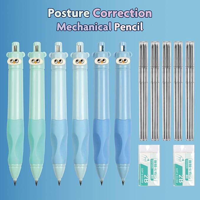 6PCS Cute Mechanical Pencils 2.0MM with Comfort Ergonomic Grip, 25PCS Leads,2PCS Erasers,Cute Stationery Kit for Writing, Sketching & Drawing,Ideal for Gift