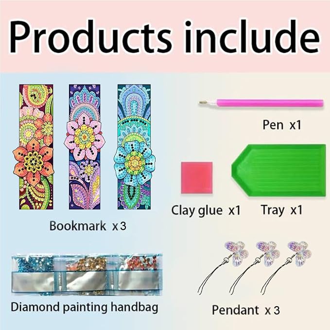 6PCS Mandala Diamond Painting Bookmark DIY Diamond Art Kits for Adults, Acrylic Diamond Art Bookmarks with Pendant for Book Lovers