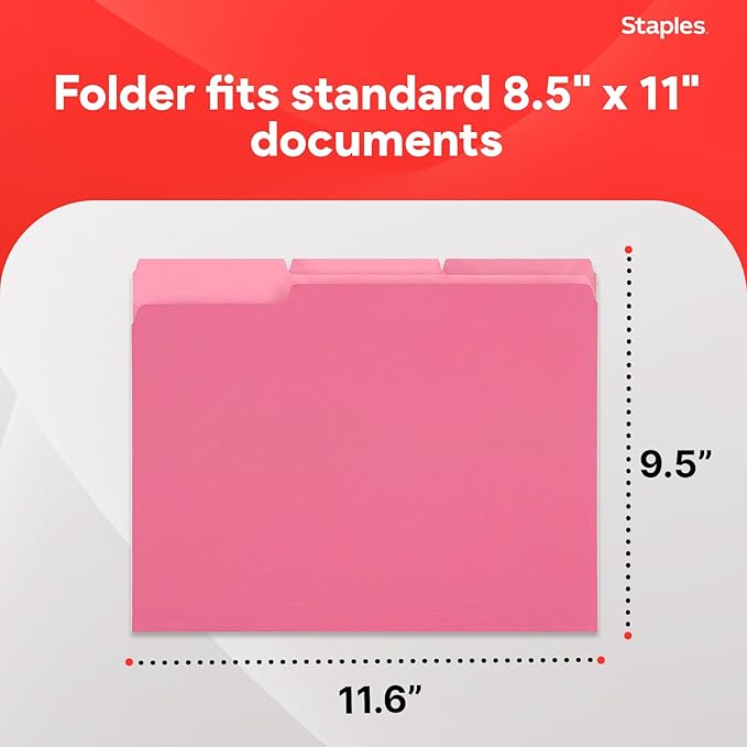 Staples File Folders, Letter Size, 1/3‑Cut Tabs, Assorted Colors, Durable 10.5‑Point Paper Stock, 100/Pack